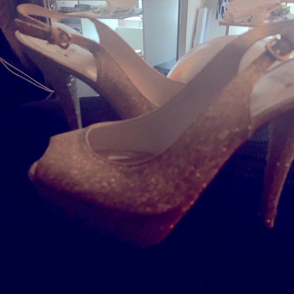 Gold Glitter Stuart Weitzman peep toe platforms